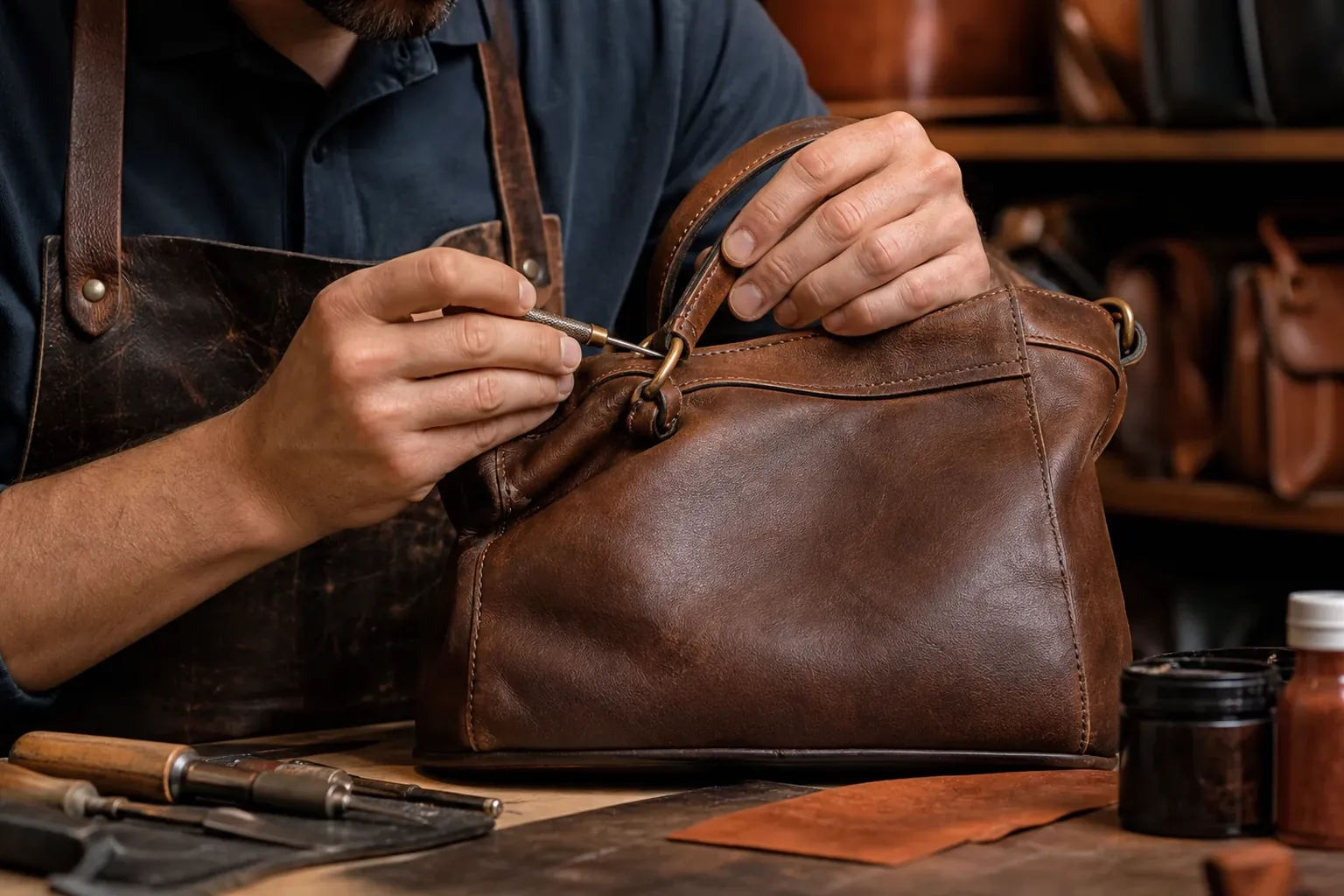 Profissional reformando bolsa de couro em Ibirité
