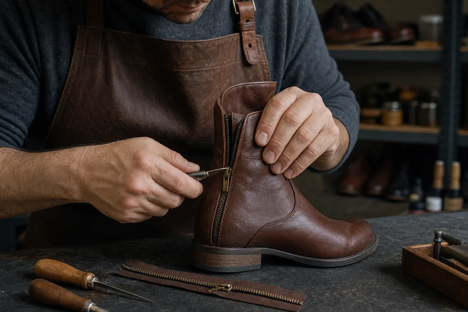 Sapateiro consertando zíper de bota em Ibirité