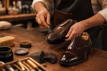 Sapateiro reformando sapatos sociais em ambiente de trabalho