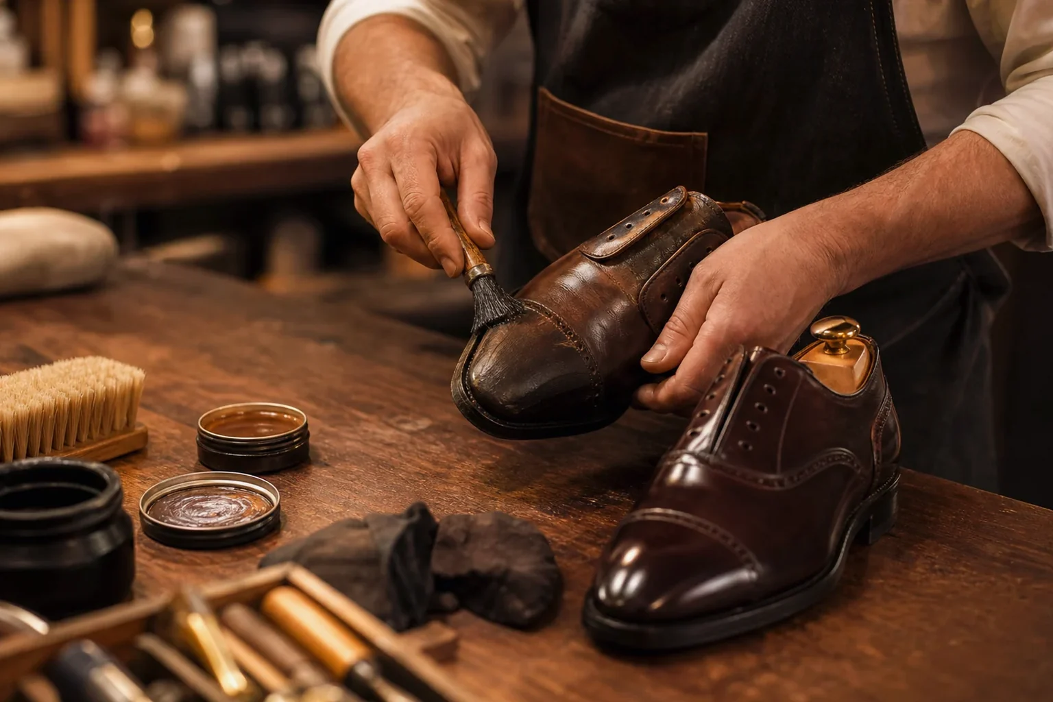 Sapateiro reformando sapatos sociais em ambiente de trabalho